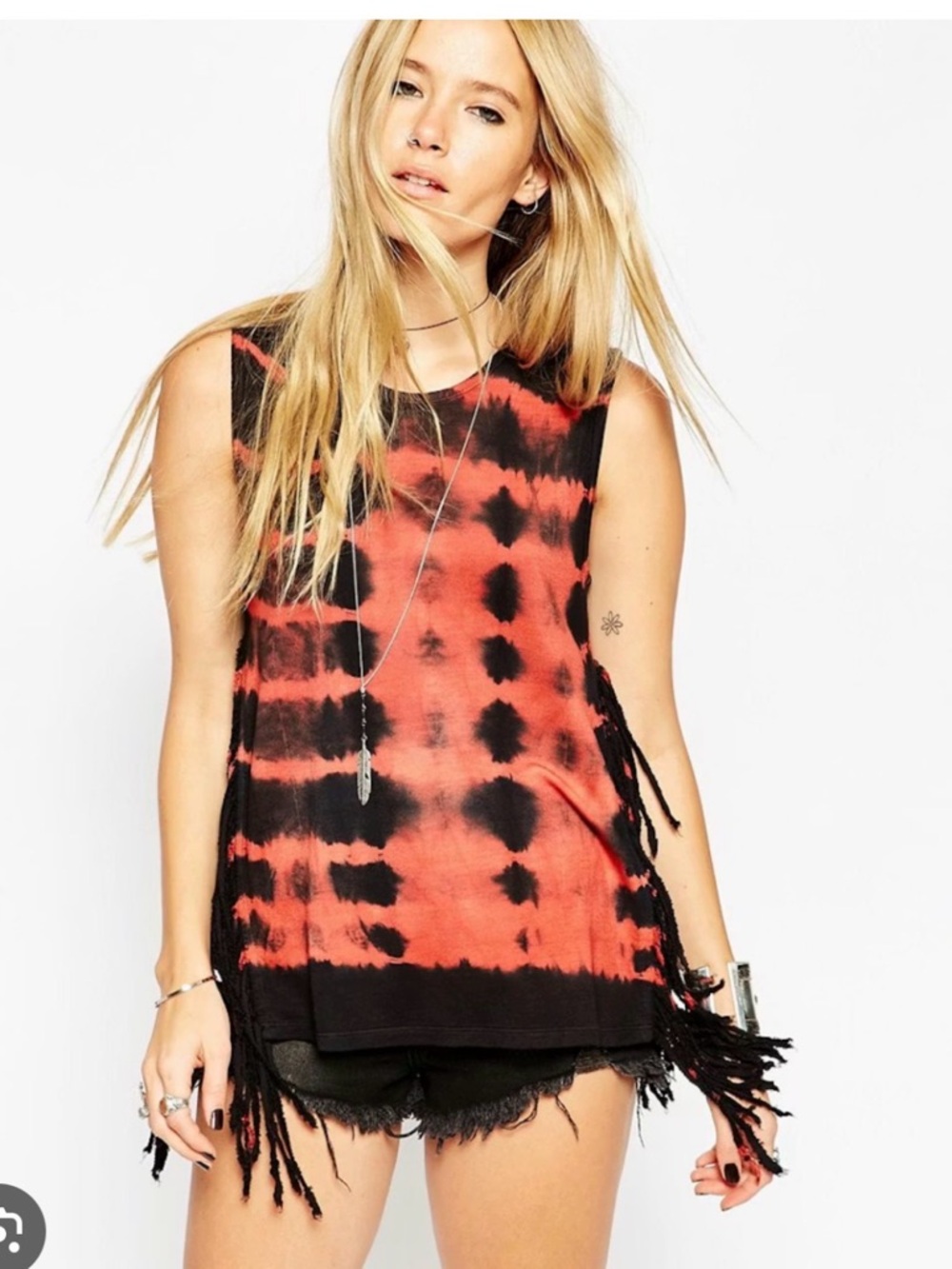 ASOS Orange  & Black Tie-Dye Fringe Carnival, Festival, Beach Tank Top Size 4